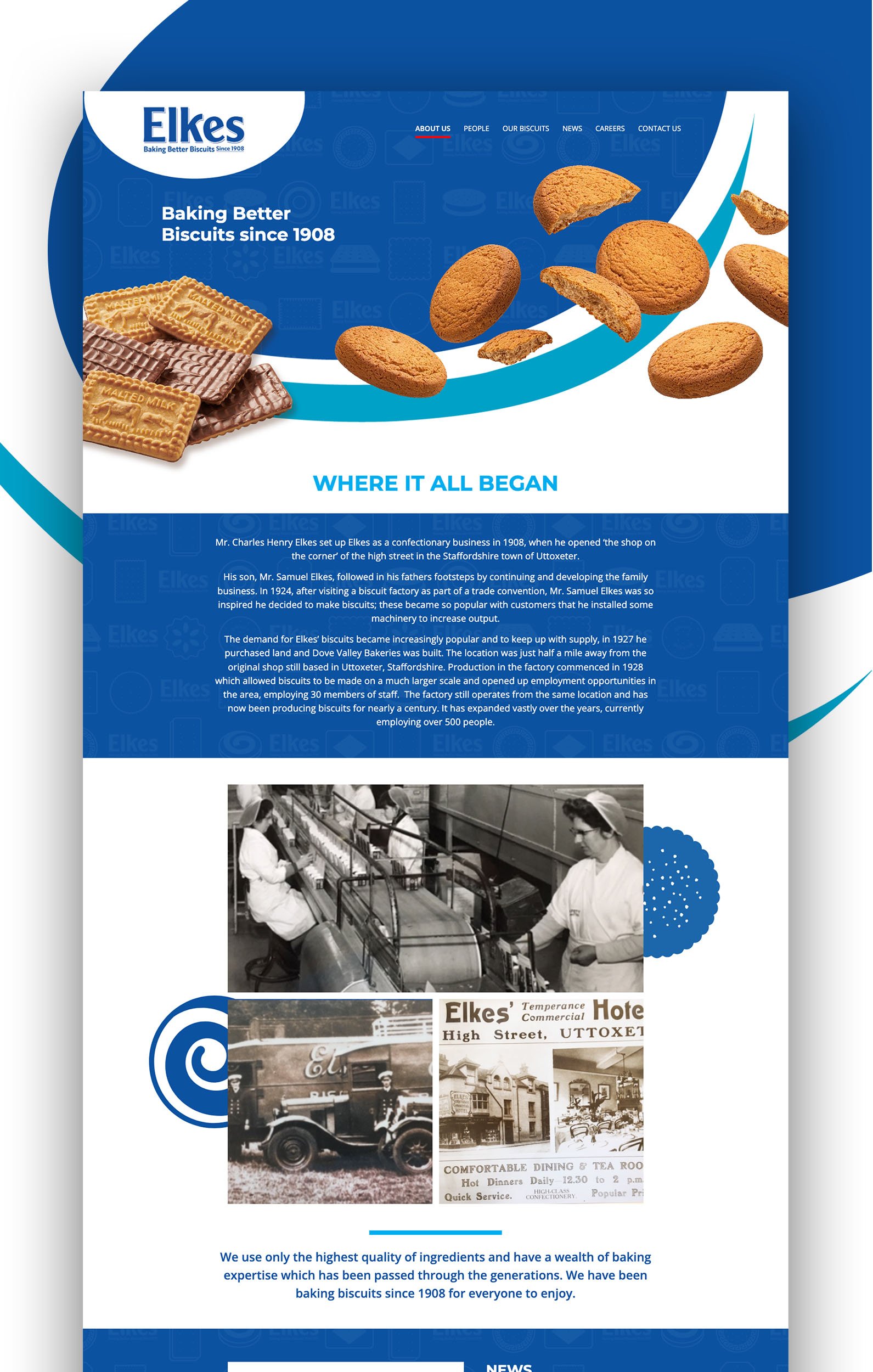 Direct Design Studio's digital creative services showcase - A beautifully designed website showcasing Elkes Biscuits' rich history and commitment to quality biscuits since 1908.